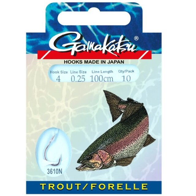 Gamakatsu Vorfachhaken Forelle 75cm 3610N 10 Stück Gr.8 / 0,20mm